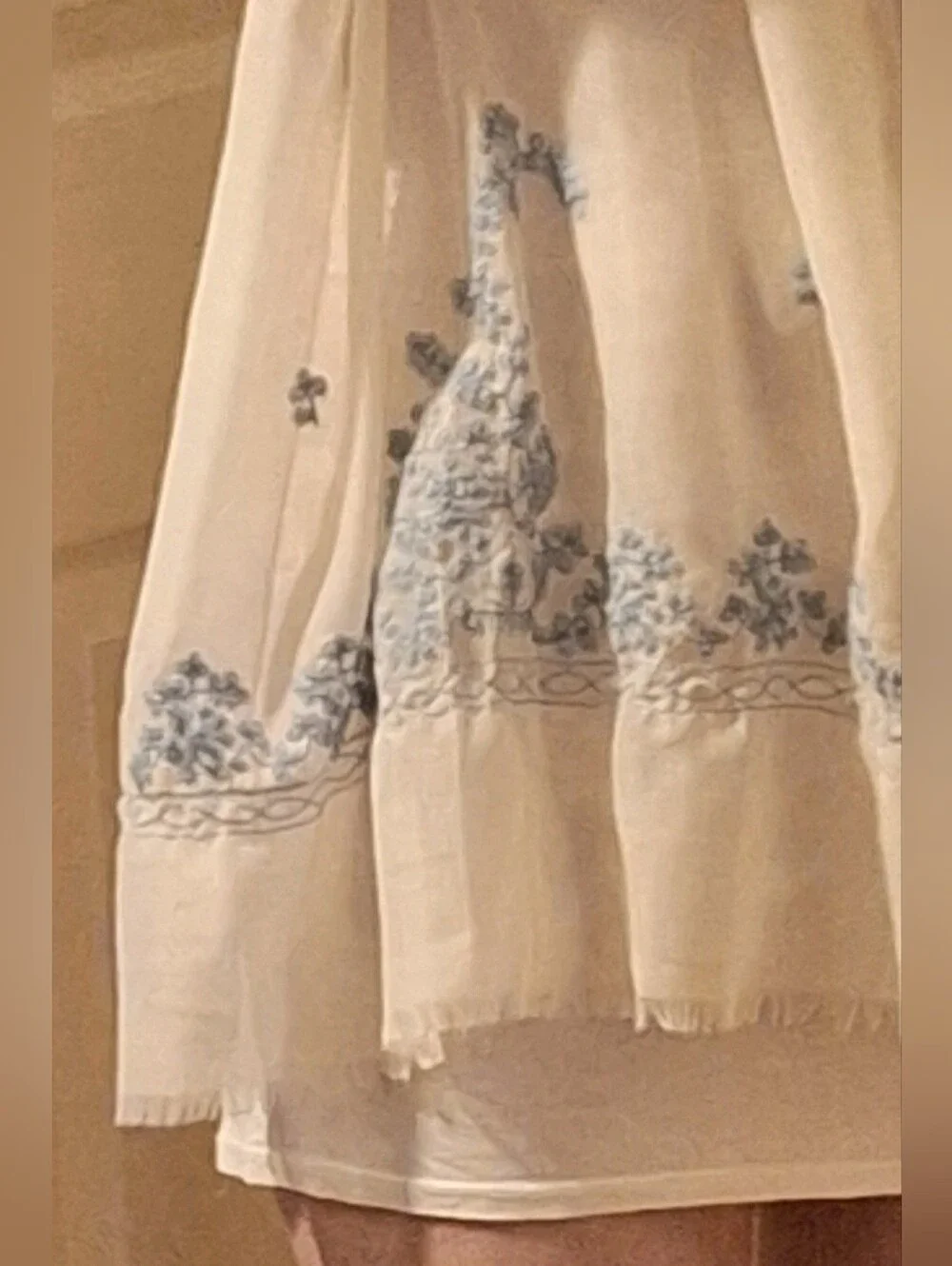 Off-White Scarf w/ Detailed Light Blue Flowers